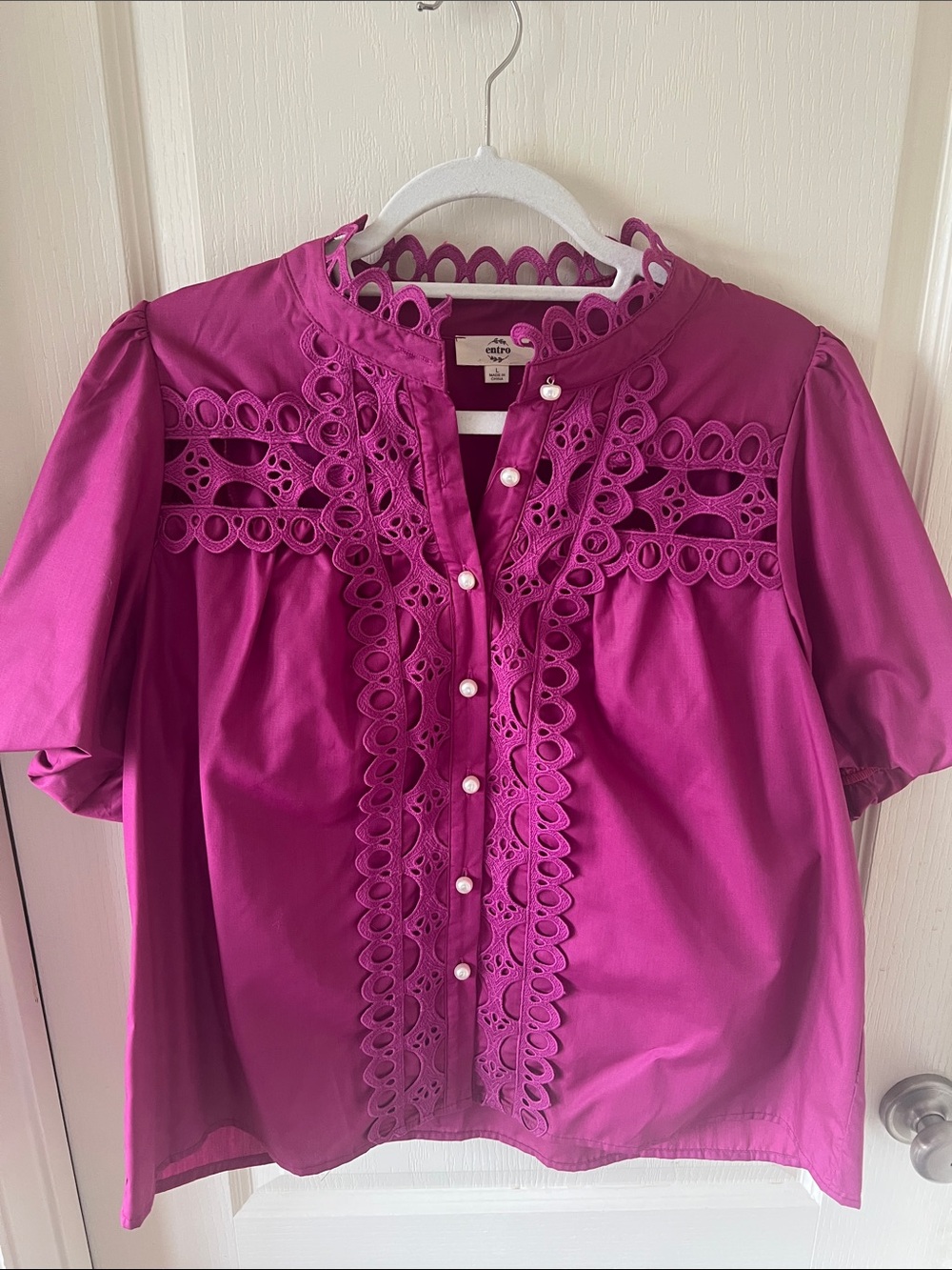 entro Magenta Eyelet-Trim pearl Button Front Blouse